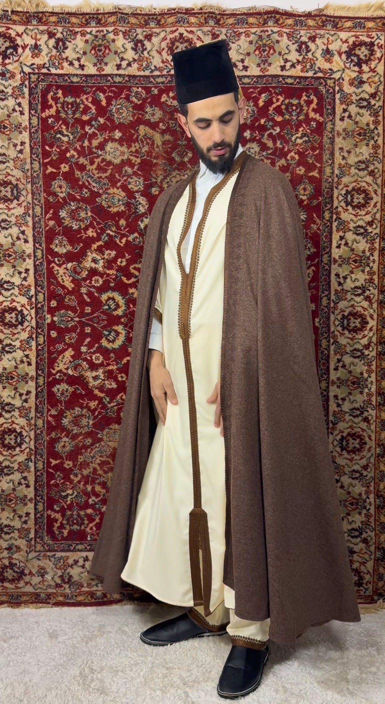 Barnous traditionnel en laine de mouton et coton – Marron moucheté