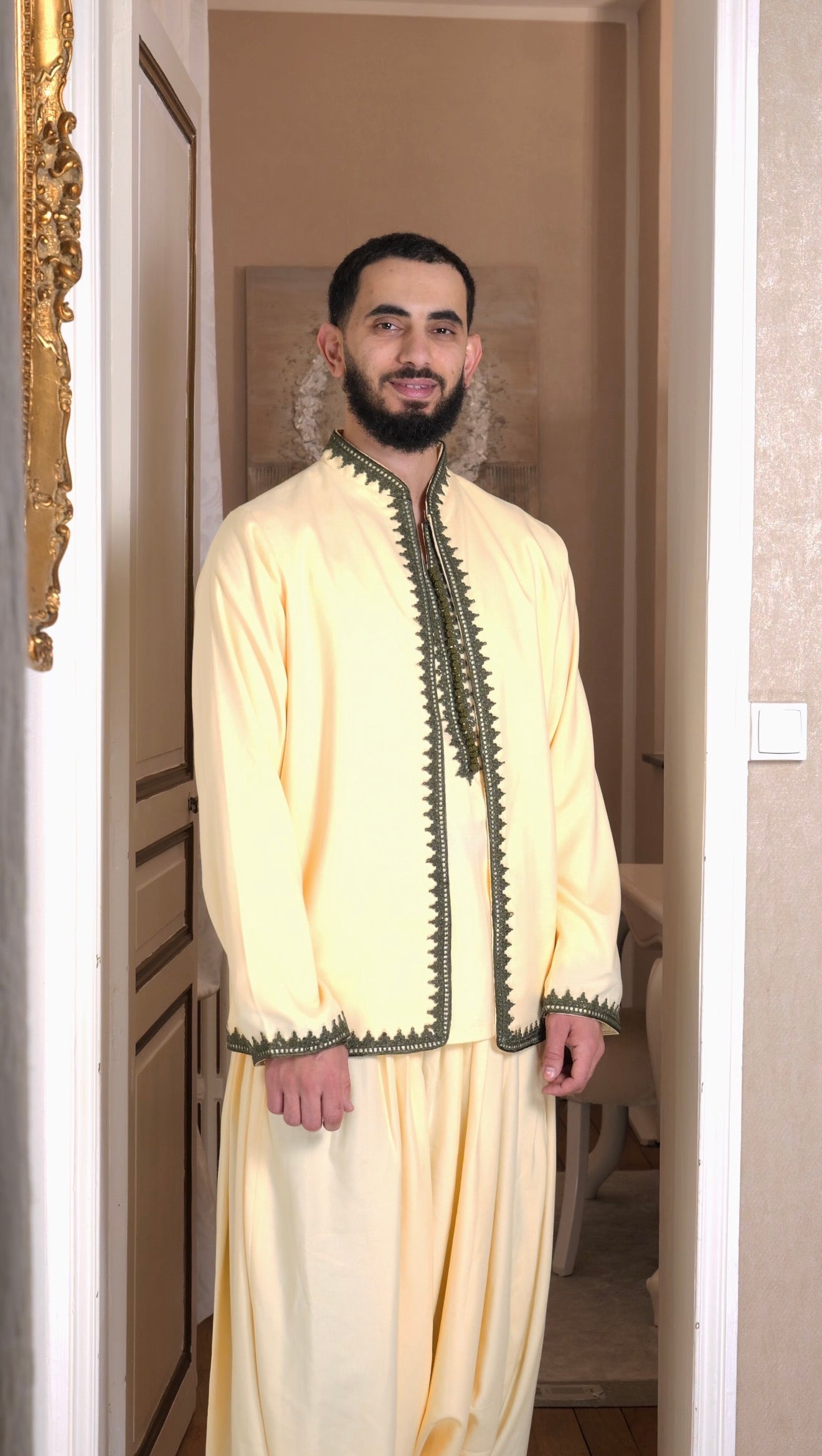 Ensemble Jabadouli Andaloussi – 3 Pièces ( Crème Broderies Vert Bouteille)