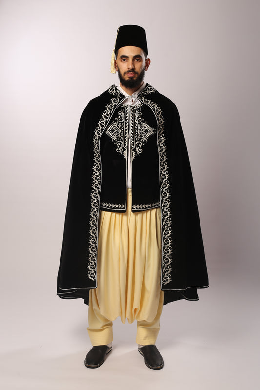 Ensemble EL DJAZAYER Veste & Barnous – Velours Noir EN PRÉCOMMANDE