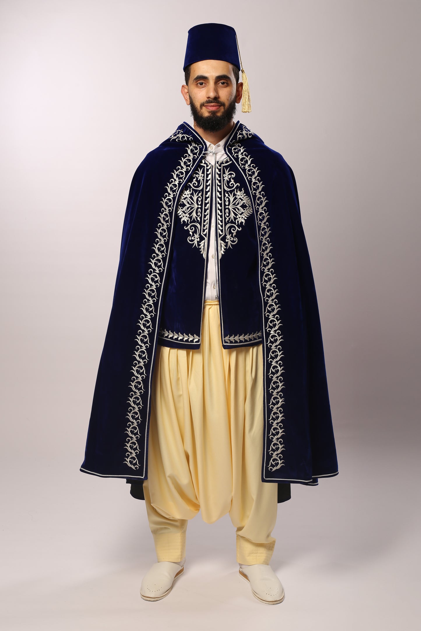Ensemble EL DJAZAYER Veste & Barnous – Velours Bleu Royal EN PRÉCOMMANDE